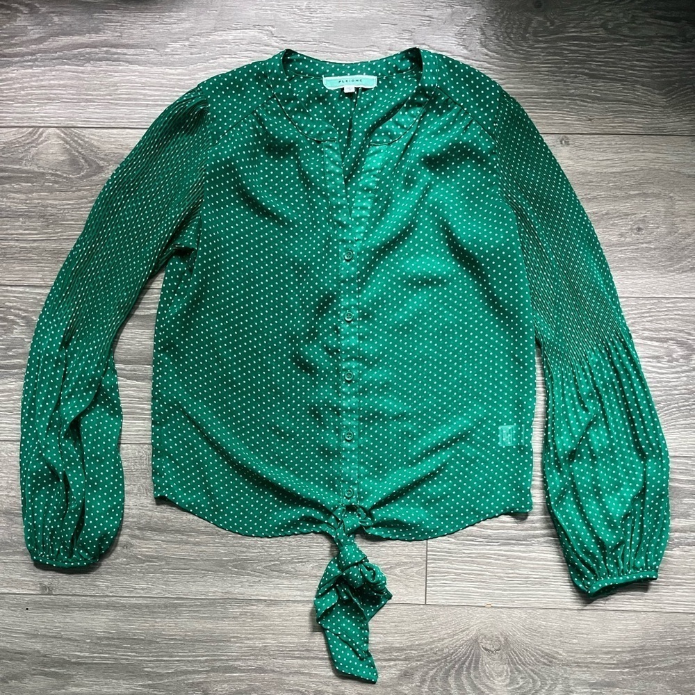 Pleione Green White Polka Dot Long Sleeves Sheer Button Up Tie Wist Size S